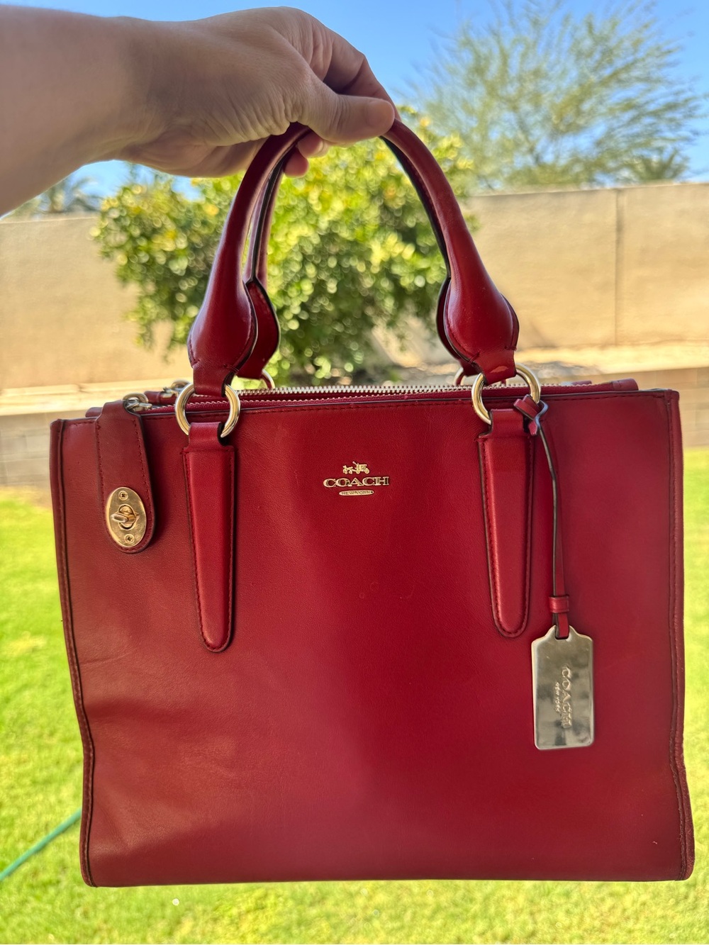 Coach Red Leather Tote with Signature Scarf and Gold Hardware - Picture 15 of 16